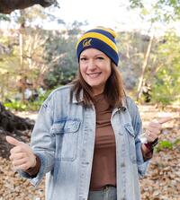 Raffle prize winner wears Cal beanie