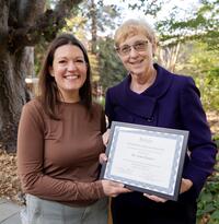 Vice Chancellor for Research Dr. Katherine Yelick presents the honorable mention award to Dr. Anna Maurer