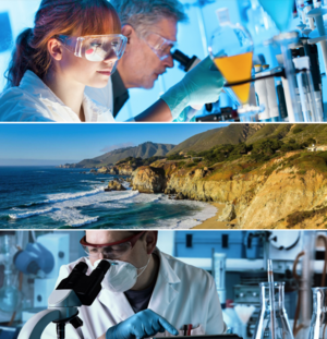 Three separate images with first two scientists in a lab, a view of the California coastline, and a scientist looking into a microscope