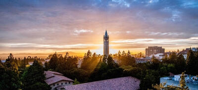 Sunset view of campanile and Berkeley campus