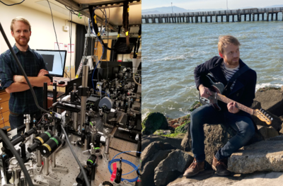 James Utterback in lab setting and at shoreline with guitar in hand
