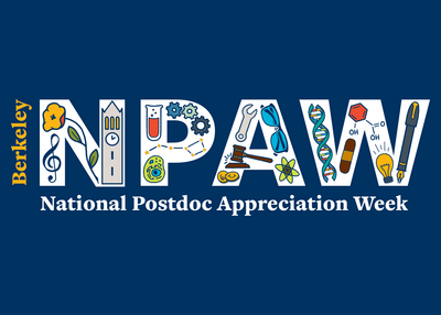 UC Berkeley National Postdoc Appreciation Week logo NPAW with various scientific icons within the letters in color.